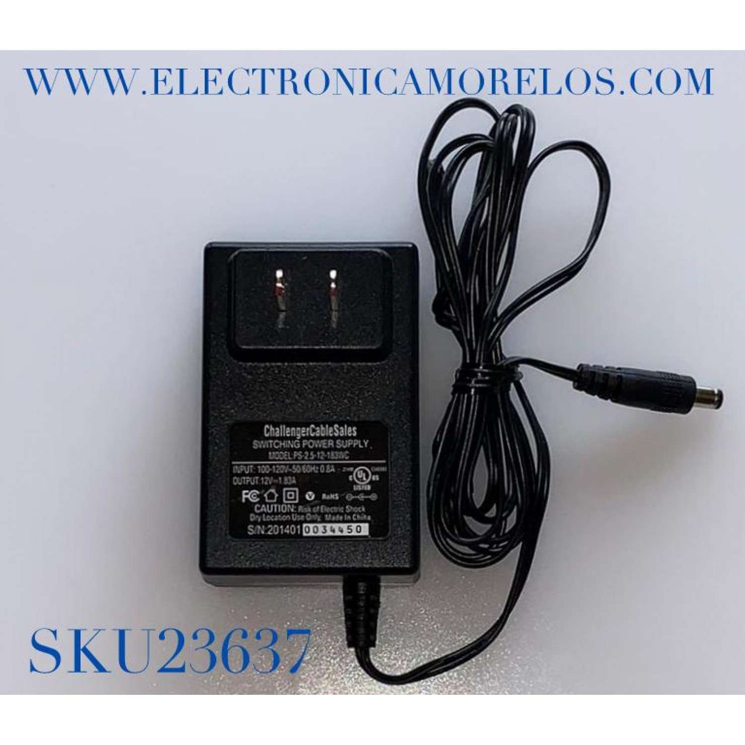 ADAPTADOR CHALLENGER VCA / NUMERO DE PARTE PS-2.5-12-183WC / MODELO PS-2.5-12-183WC / ENTRADA VCA 100-120V～50-60Hz .8A / SALIDA VCD 12V-1.83A